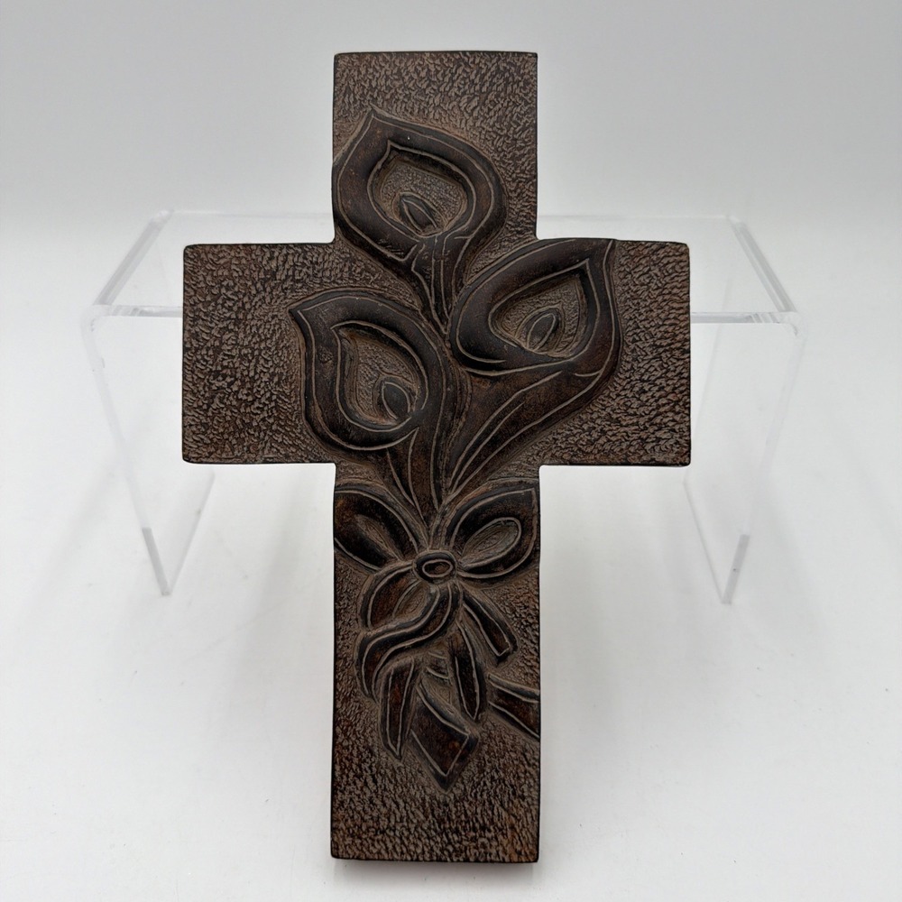 Resin Wall Cross, Calla Lilies, Bow, Antique Finish, Wall Display 9 1/4" X‎ 6"